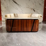 Modern Coffee Table with Marble-Effect Top and High-Gloss Natural Wood Veneer